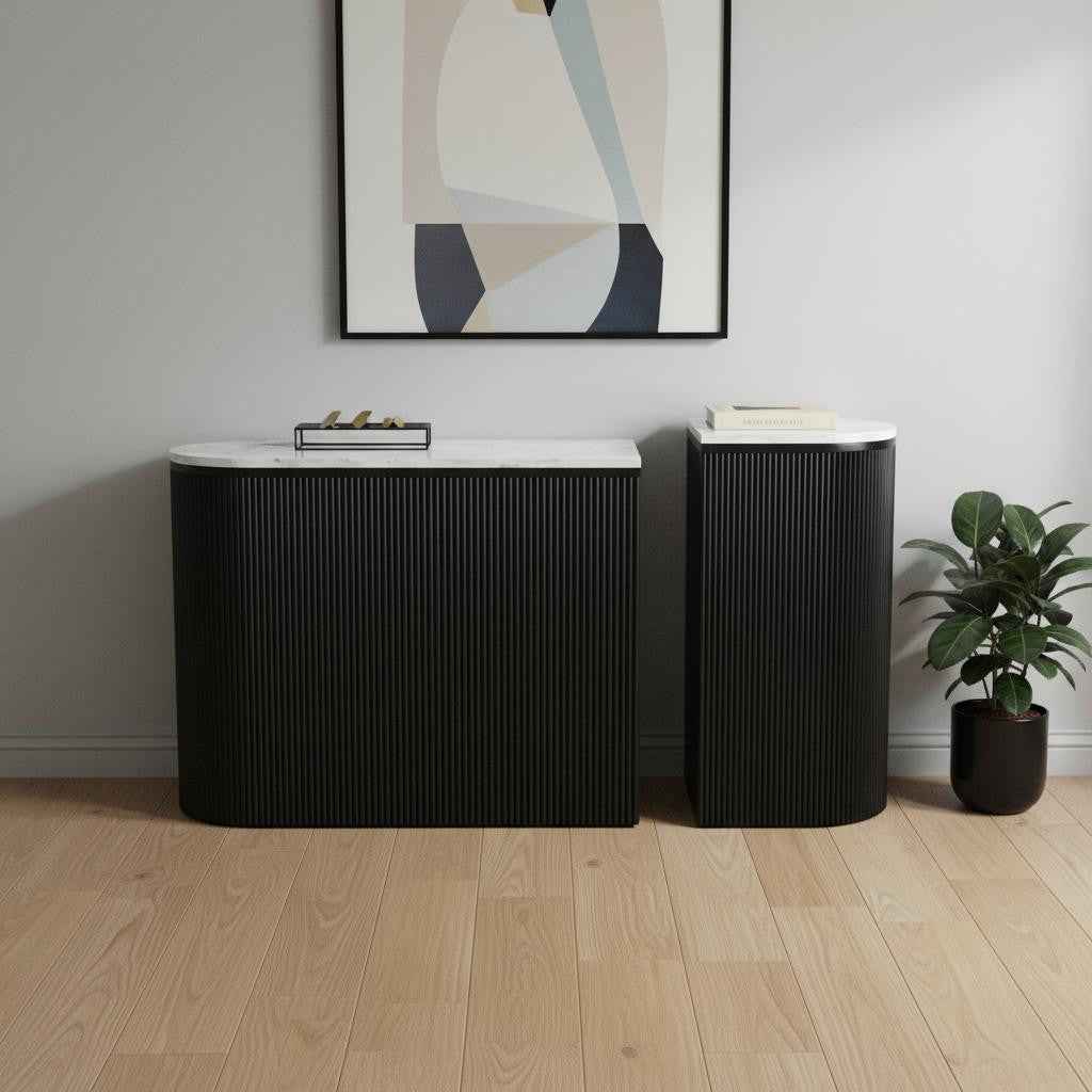 Set of Two 35" White and Black Genuine Marble and Solid Wood Oval Solid Console Tables