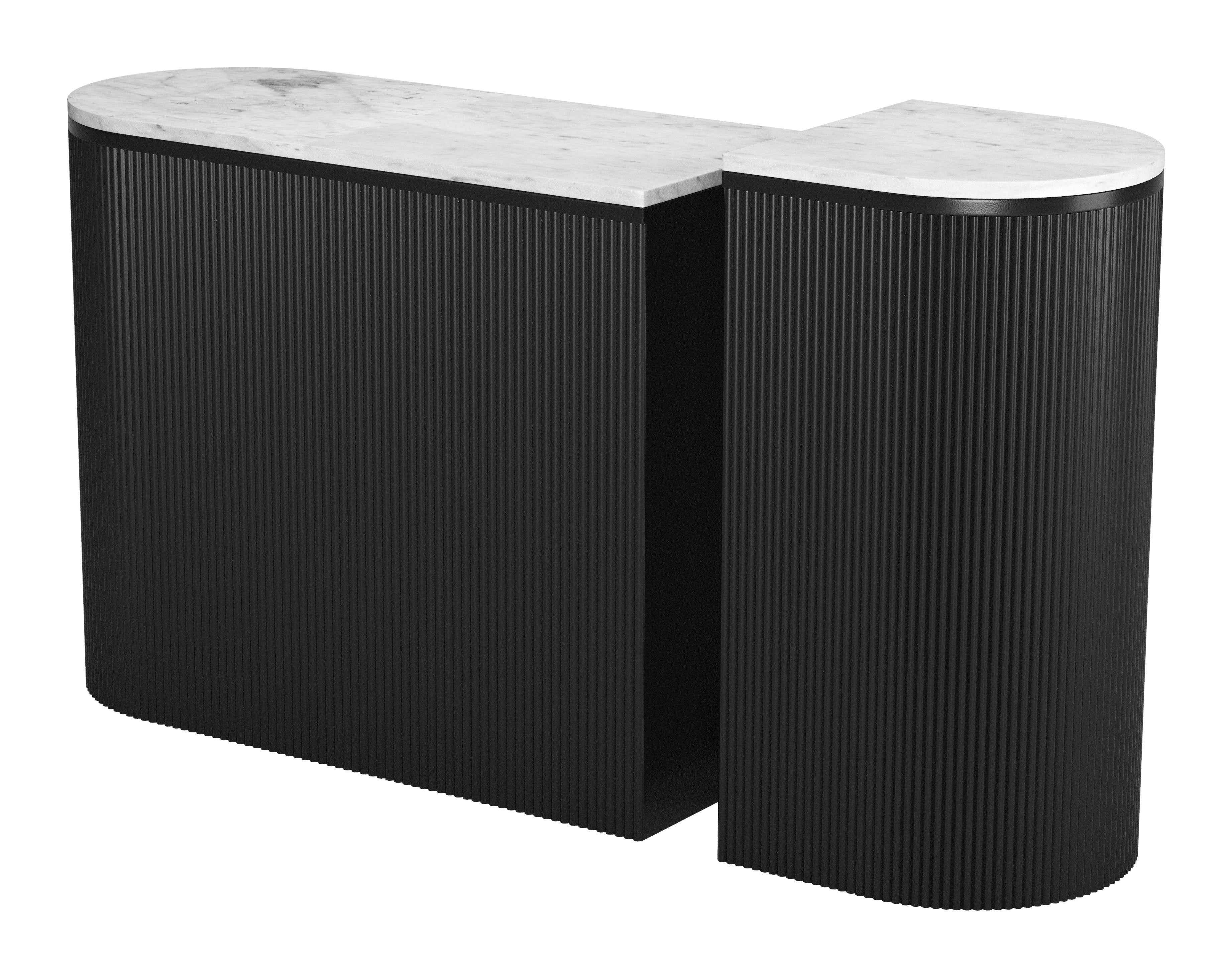 Set of Two 35" White and Black Genuine Marble and Solid Wood Oval Solid Console Tables