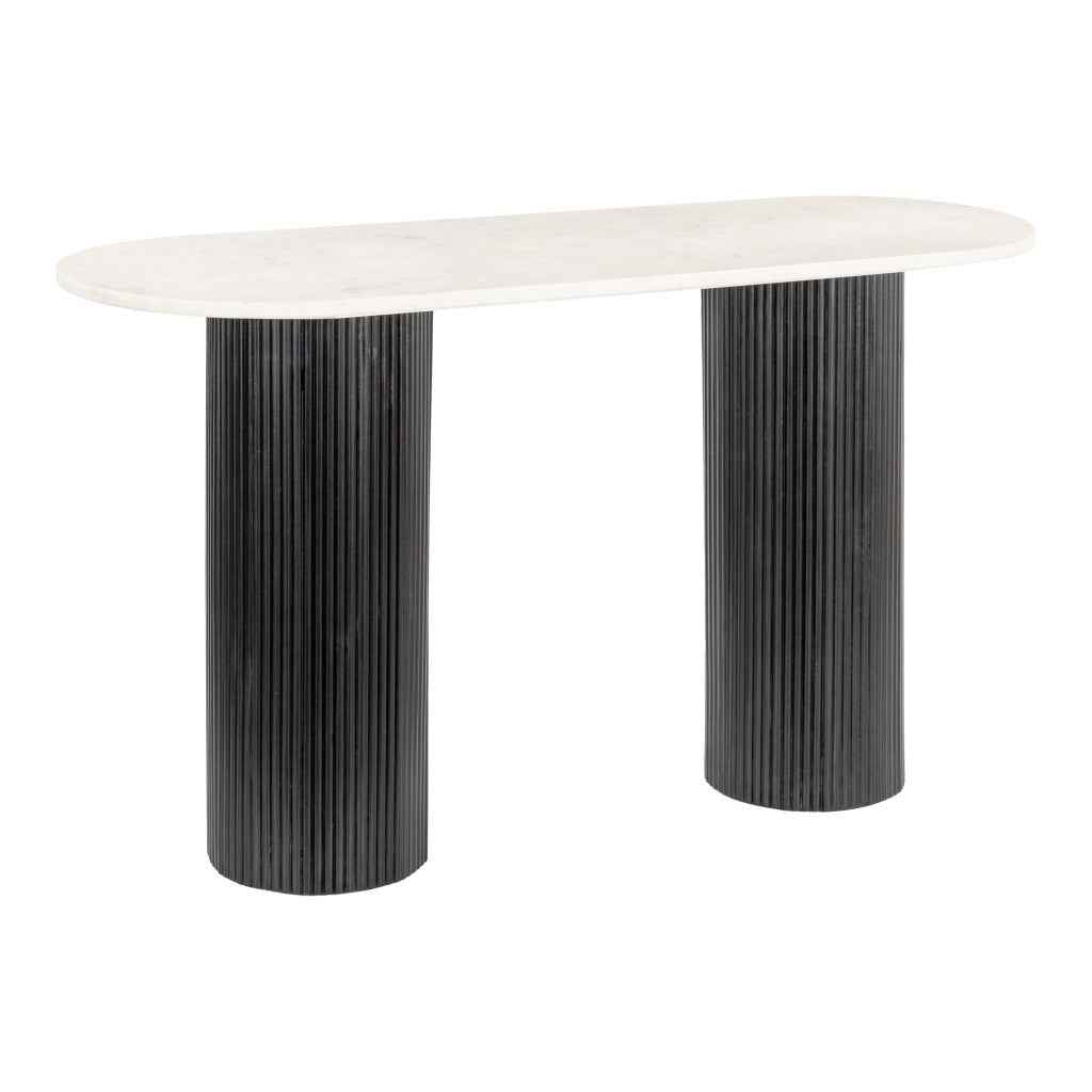 52" White and Black Genuine Marble and Solid Wood Oval Double Pedestal Console Table
