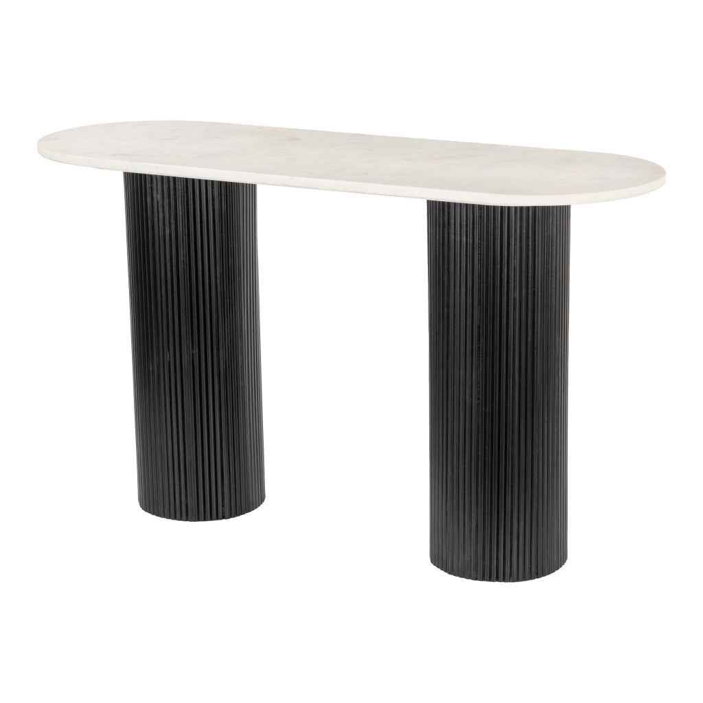 52" White and Black Genuine Marble and Solid Wood Oval Double Pedestal Console Table