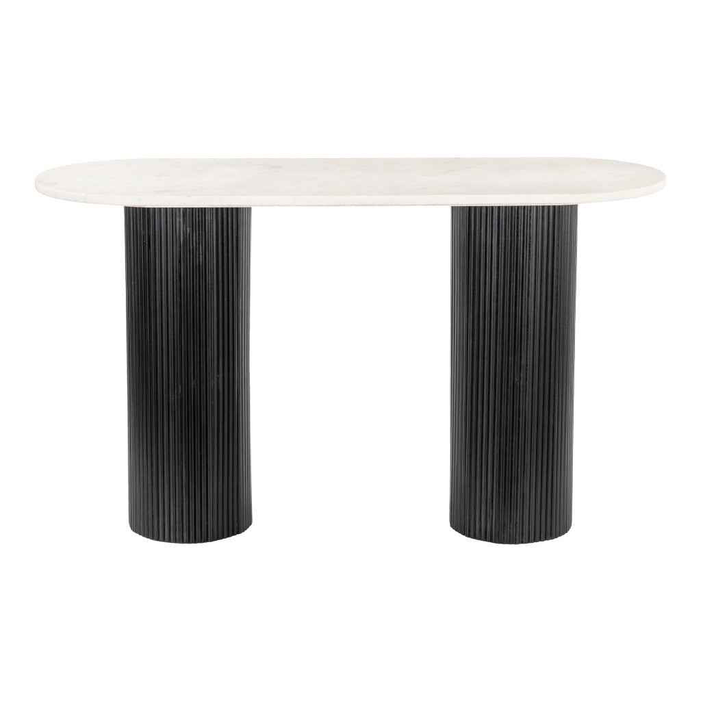 52" White and Black Genuine Marble and Solid Wood Oval Double Pedestal Console Table