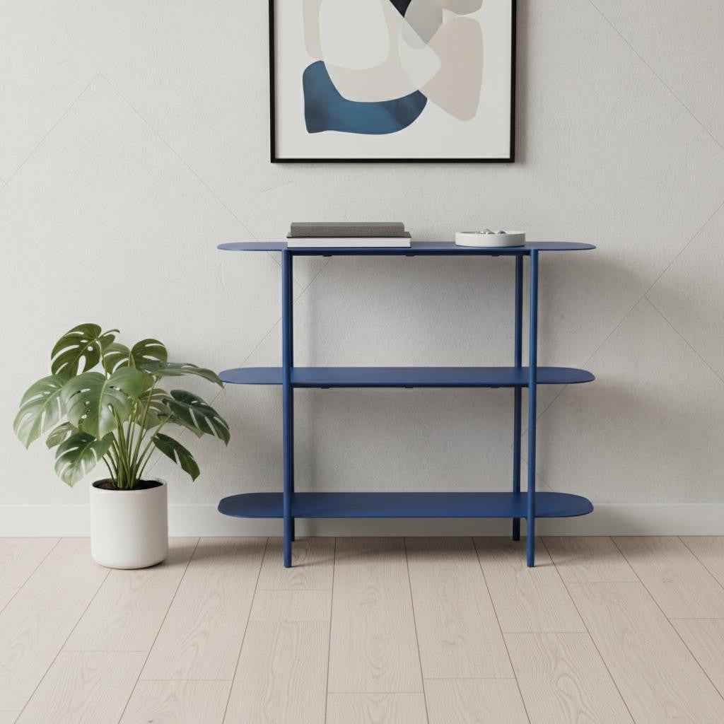 36" Blue Steel Oval Console Table With Two Shelves