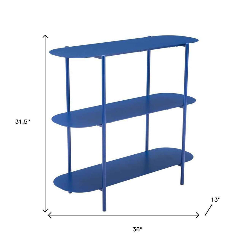 36" Blue Steel Oval Console Table With Two Shelves