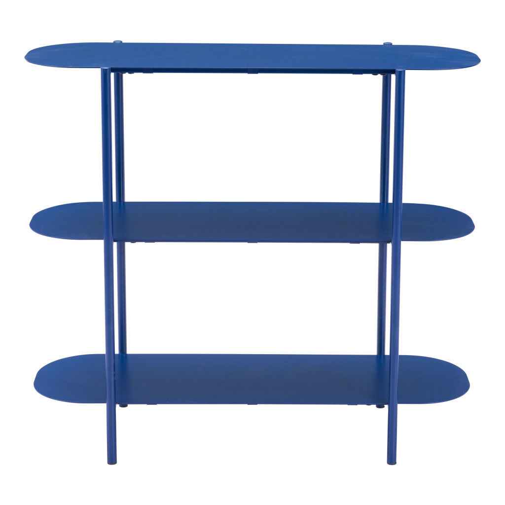 36" Blue Steel Oval Console Table With Two Shelves