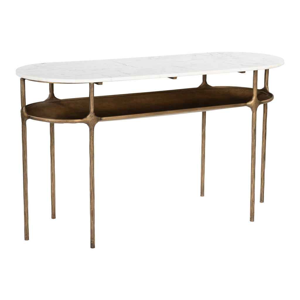 50" White and Brass Genuine Marble and Iron Oval Six Leg Console Table With Shelf
