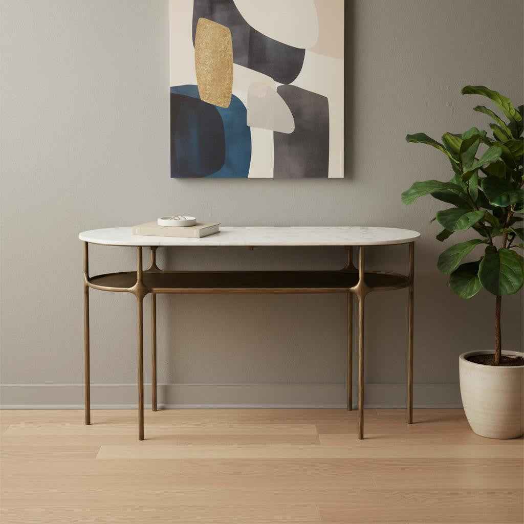 50" White and Brass Genuine Marble and Iron Oval Six Leg Console Table With Shelf