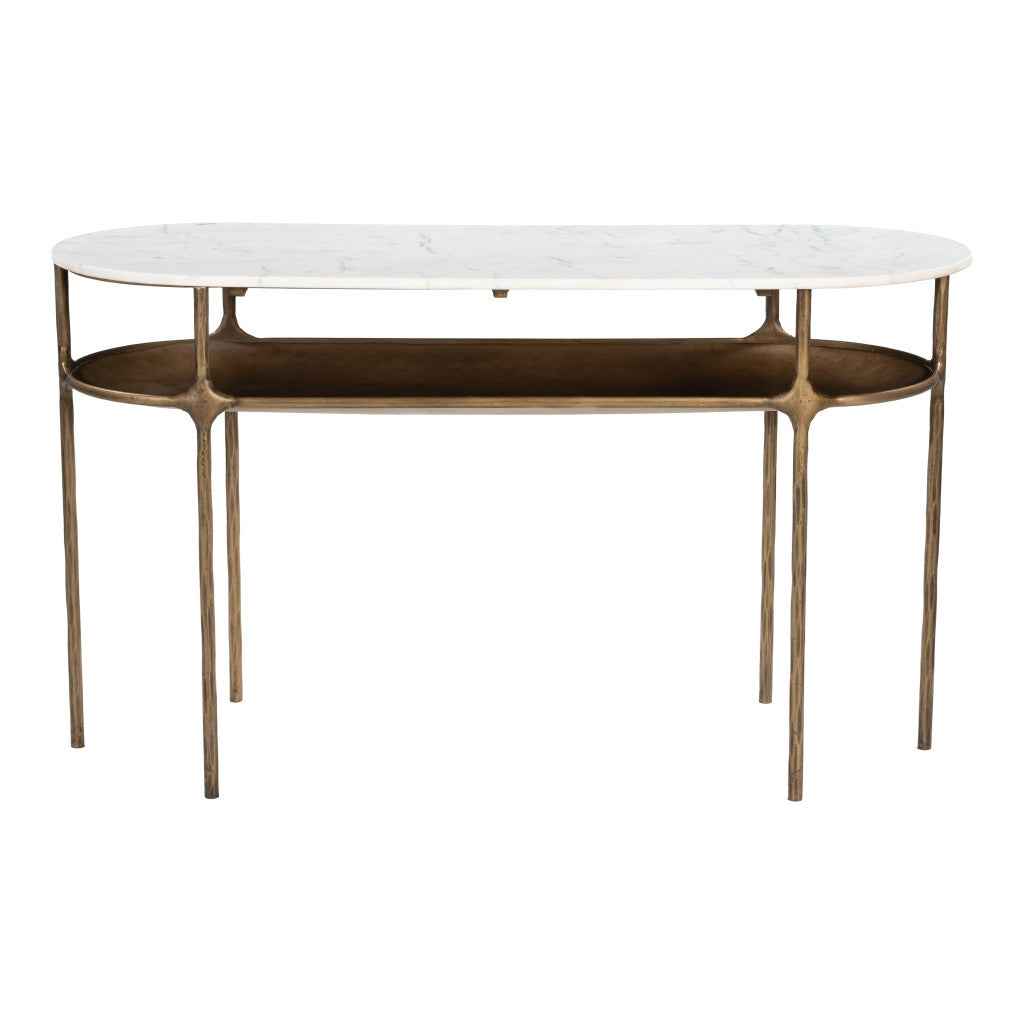 50" White and Brass Genuine Marble and Iron Oval Six Leg Console Table With Shelf