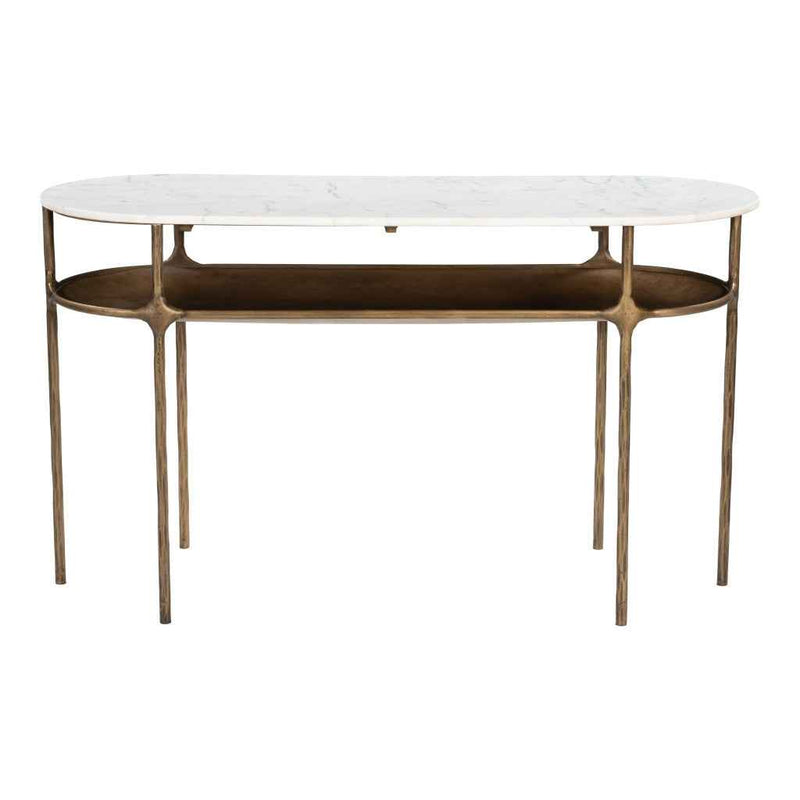 50" White and Brass Genuine Marble and Iron Oval Six Leg Console Table With Shelf