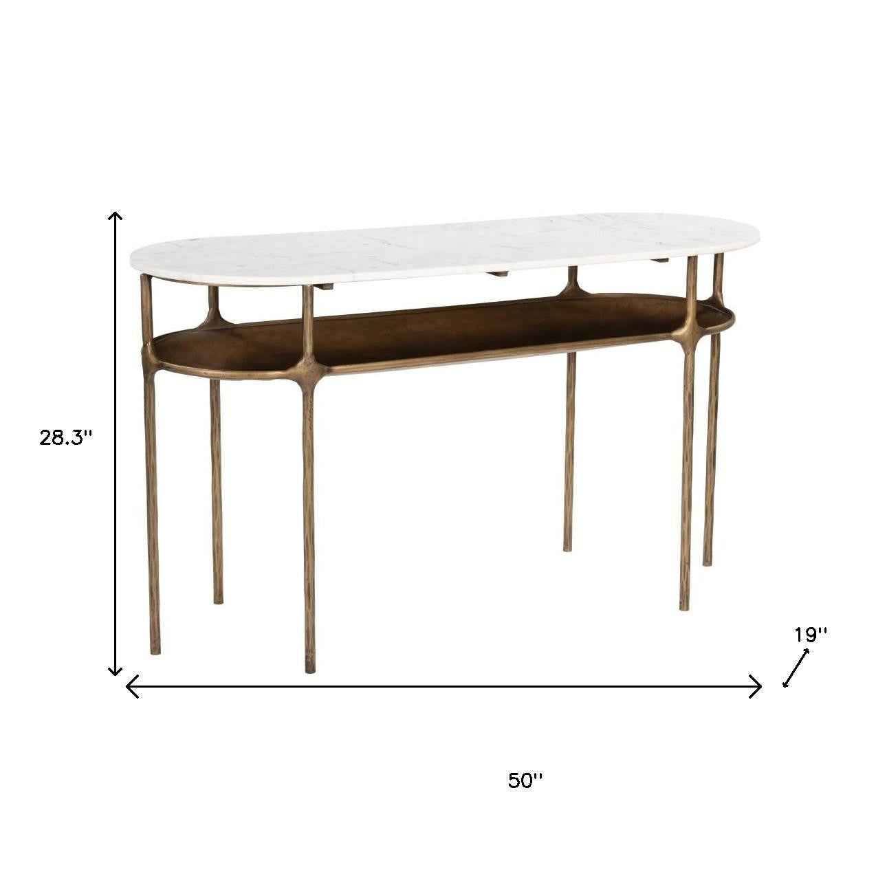 50" White and Brass Genuine Marble and Iron Oval Six Leg Console Table With Shelf