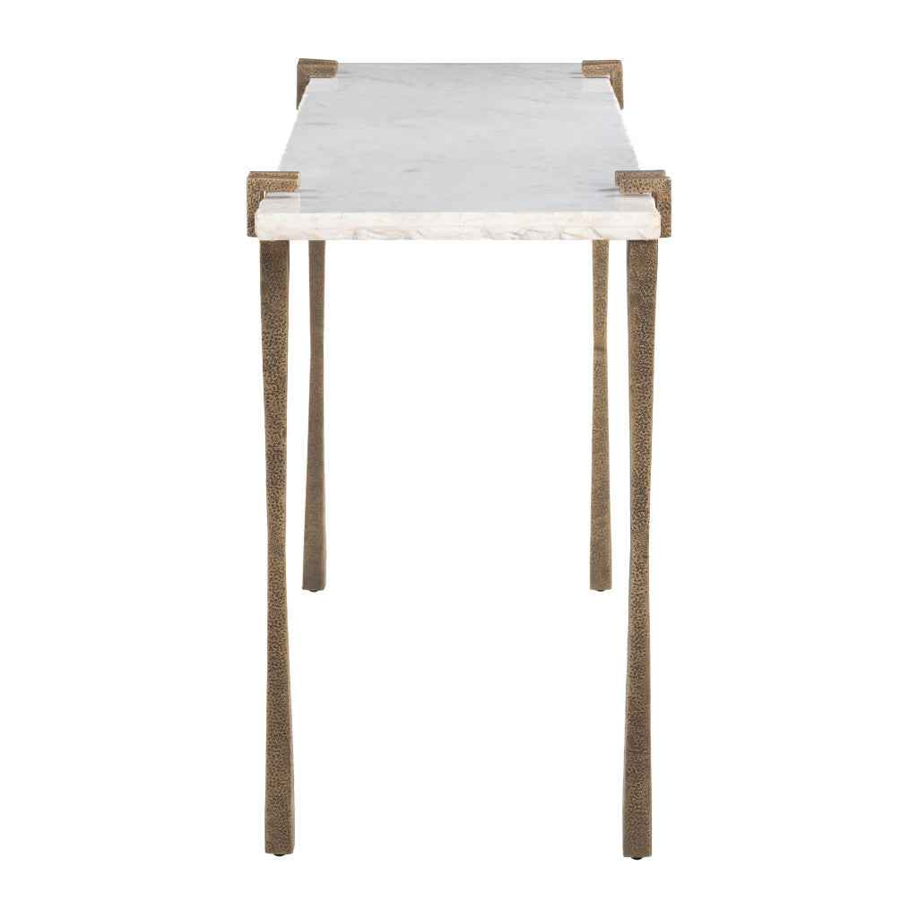 55" White and Bronze Genuine Marble and Iron Console Table
