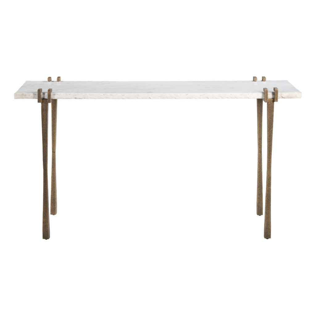 55" White and Bronze Genuine Marble and Iron Console Table