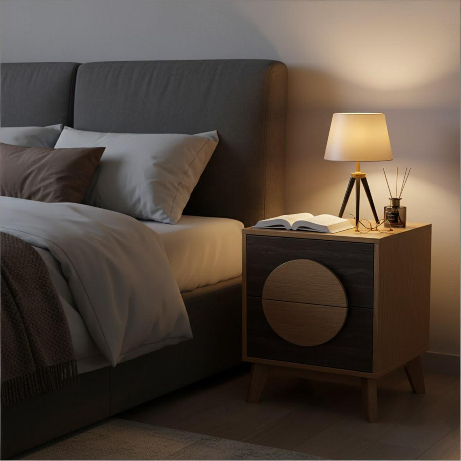 21" Oak And Dark Brown Solid Wood Square Two Drawer Nightstand