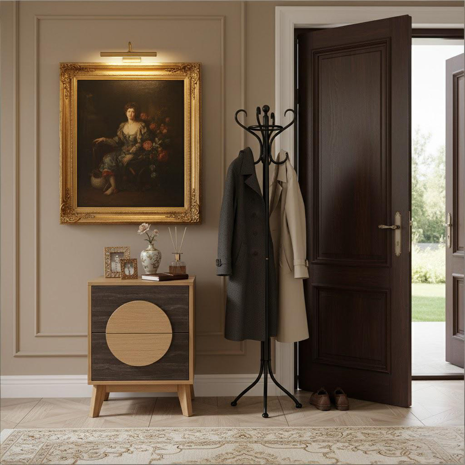 21" Oak And Dark Brown Solid Wood Square Two Drawer Nightstand