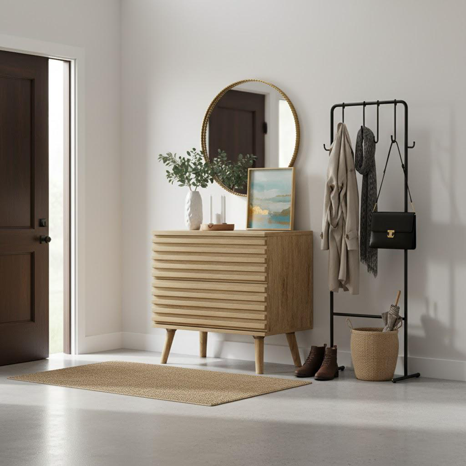 Set of Two 23" Natural Solid Wood Ribbed Texture Two Drawer Nightstand