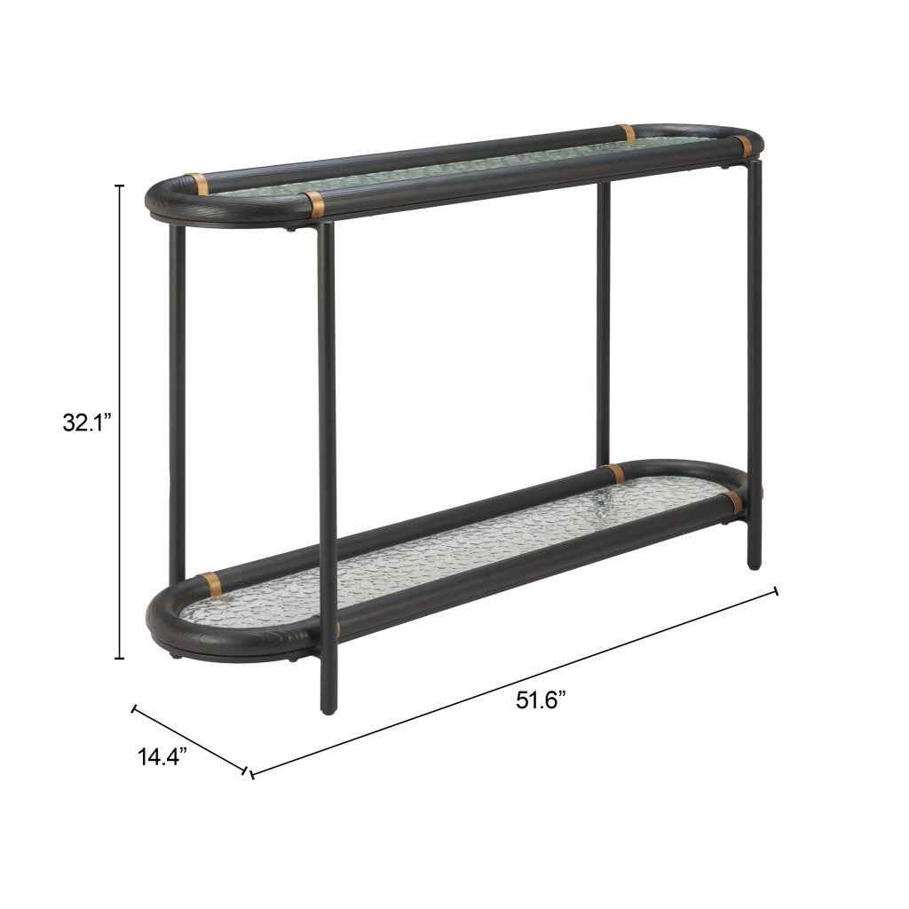 52" Black and Clear Glass Solid Wood and Steel Oval Console Table With Shelf