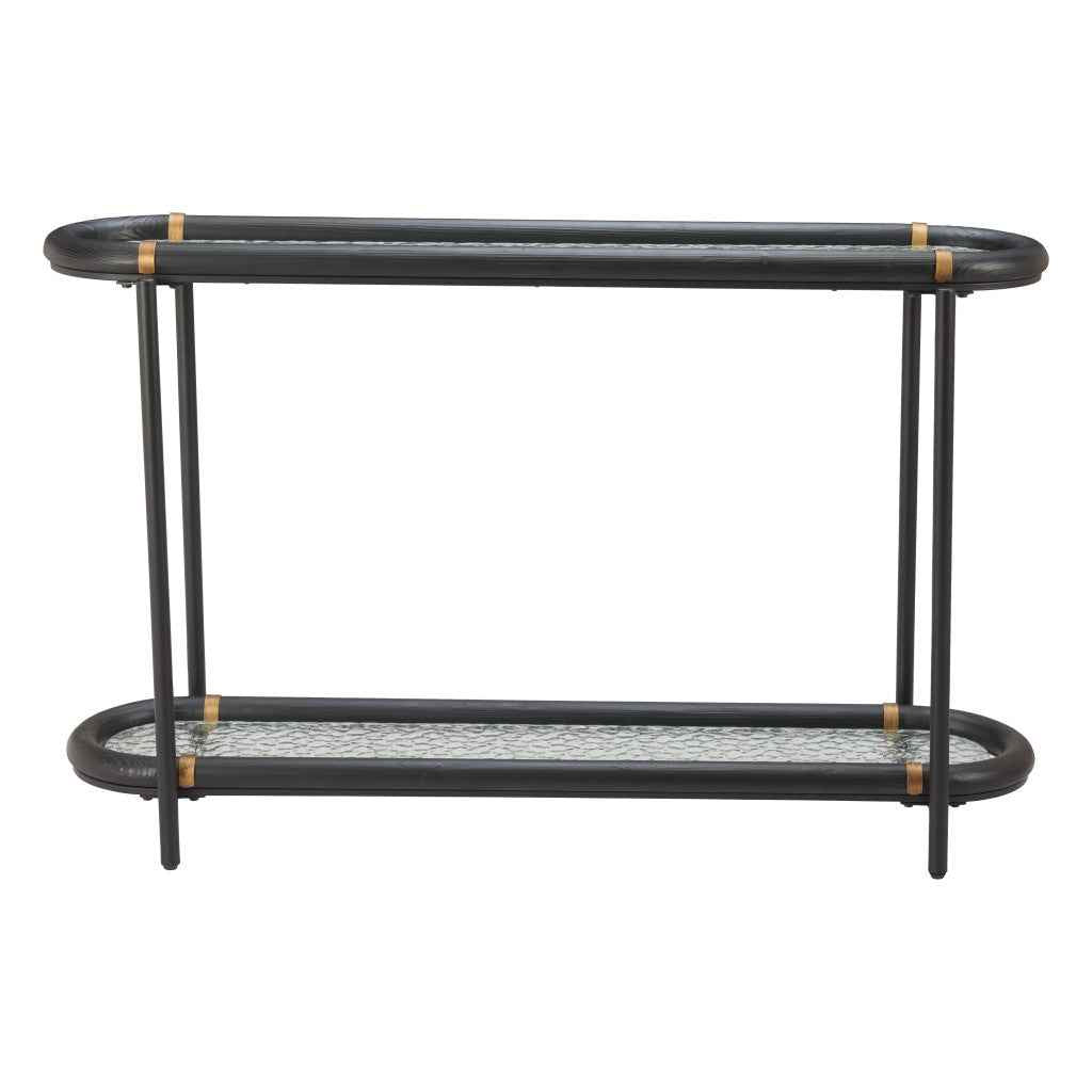 52" Black and Clear Glass Solid Wood and Steel Oval Console Table With Shelf