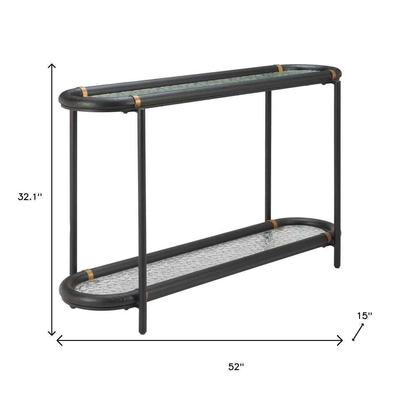 52" Black and Clear Glass Solid Wood and Steel Oval Console Table With Shelf