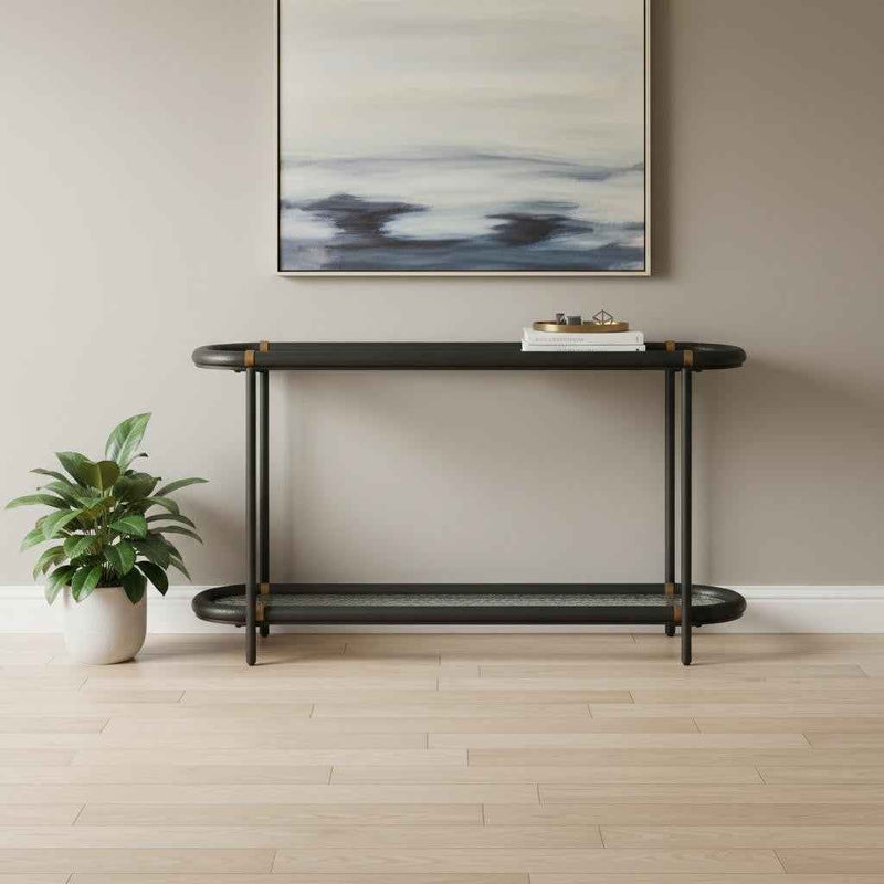 52" Black and Clear Glass Solid Wood and Steel Oval Console Table With Shelf