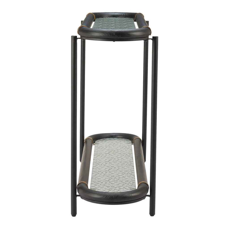 52" Black and Clear Glass Solid Wood and Steel Oval Console Table With Shelf