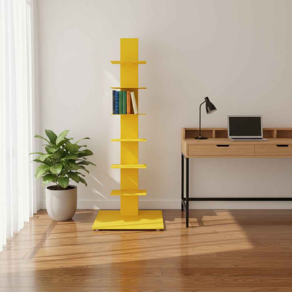 38" Yellow Metal Six Shelf Modern Tower Bookcase