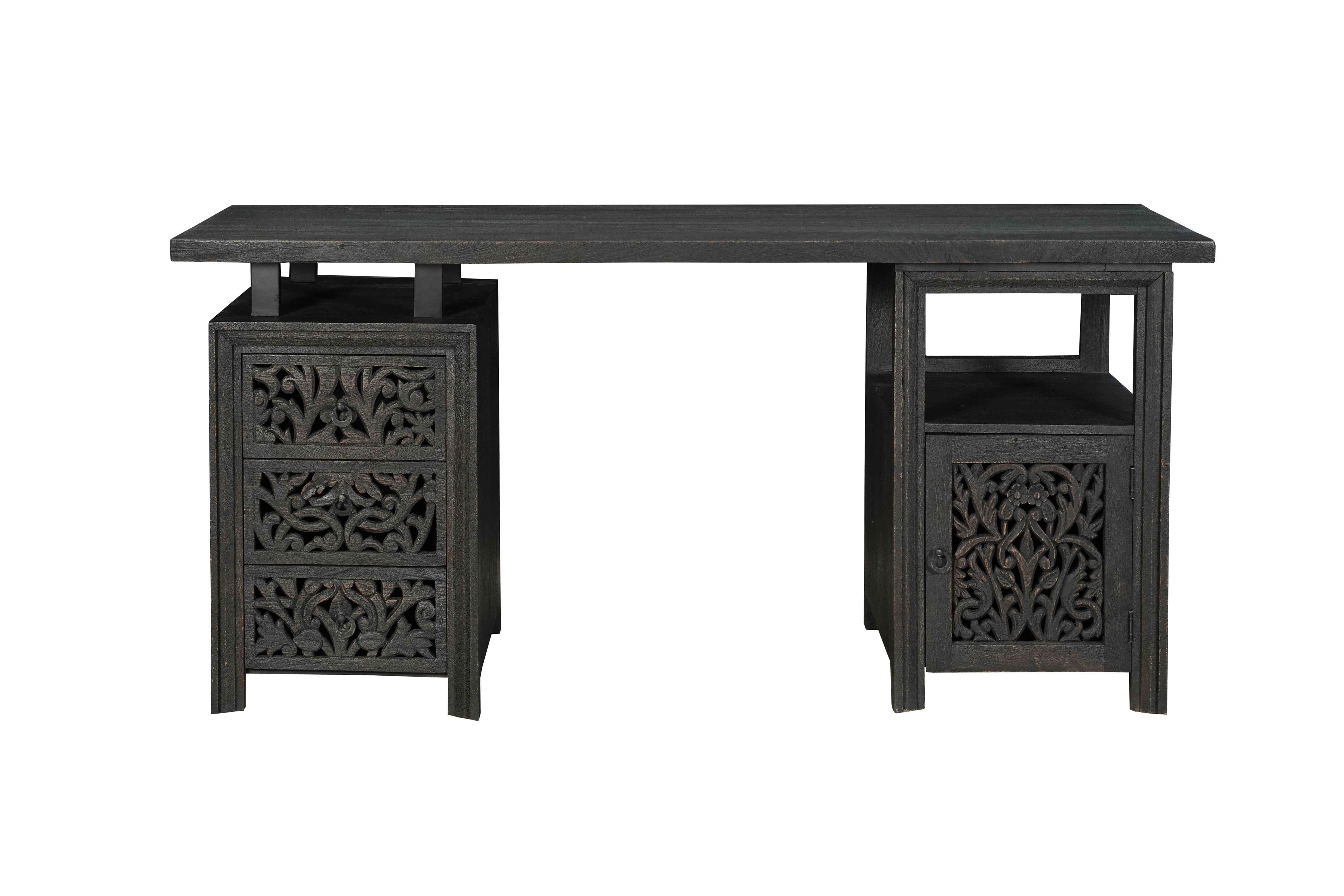 68" Black Solid Wood and Metal Carved Floral Desk With Three Drawers