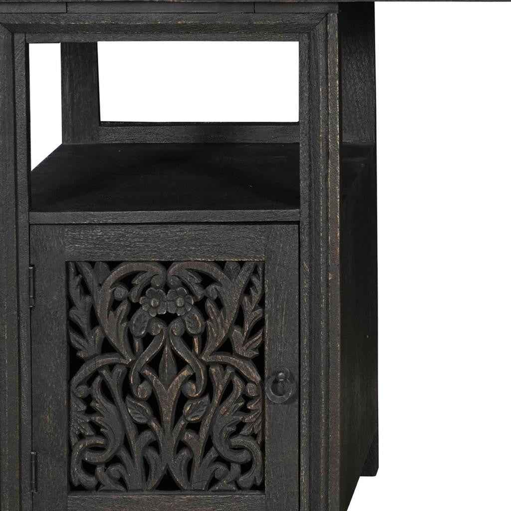 68" Black Solid Wood and Metal Carved Floral Desk With Three Drawers