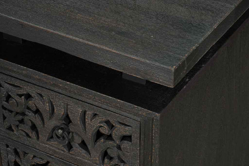 68" Black Solid Wood and Metal Carved Floral Desk With Three Drawers