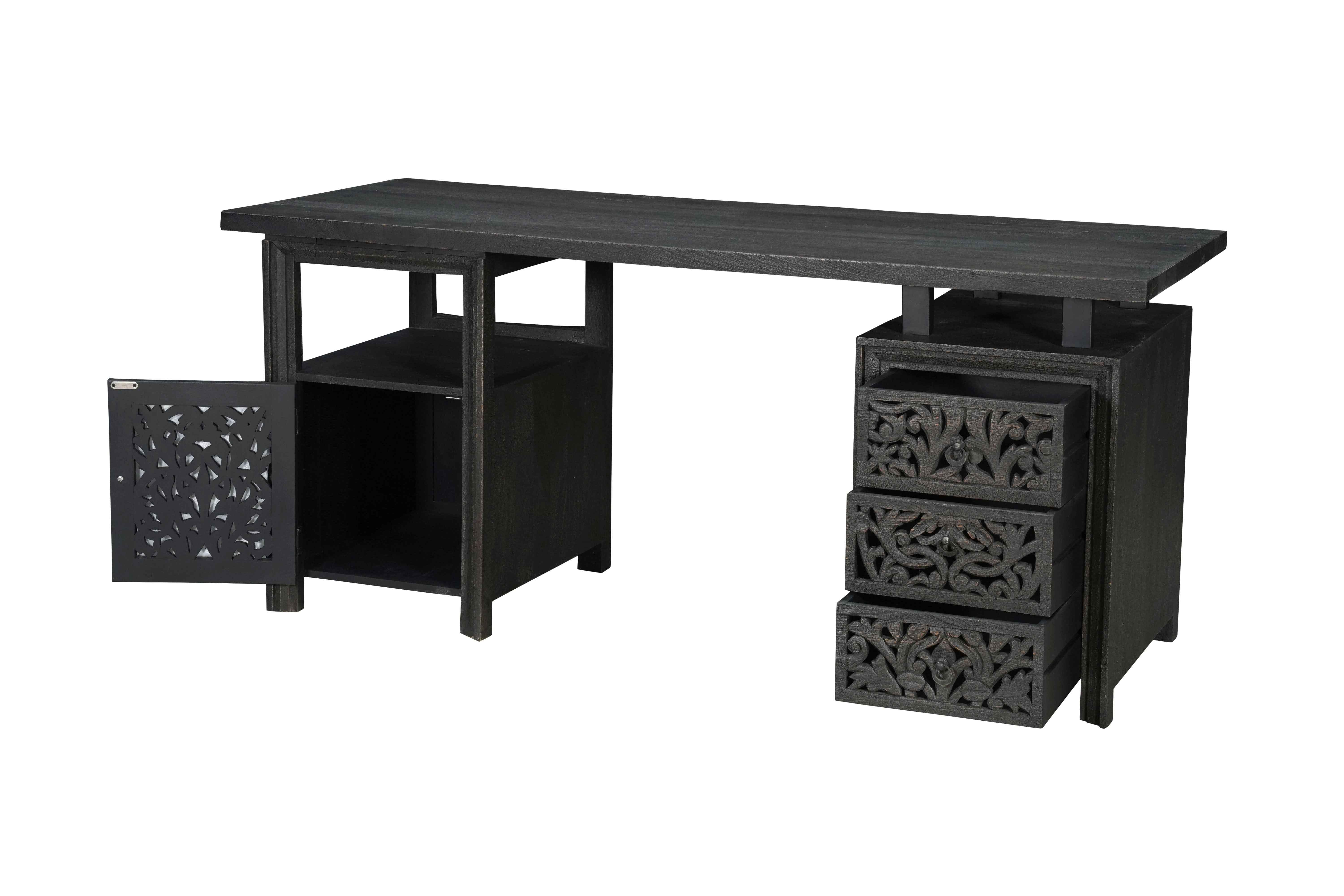 68" Black Solid Wood and Metal Carved Floral Desk With Three Drawers