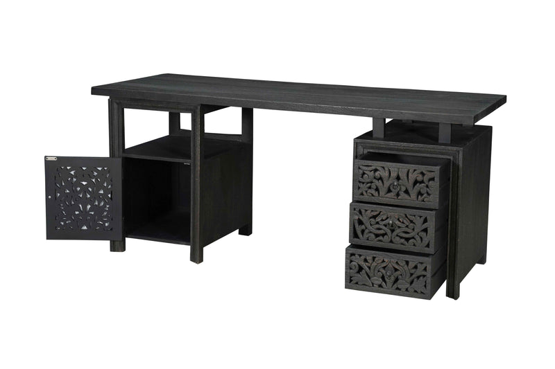 68" Black Solid Wood and Metal Carved Floral Desk With Three Drawers