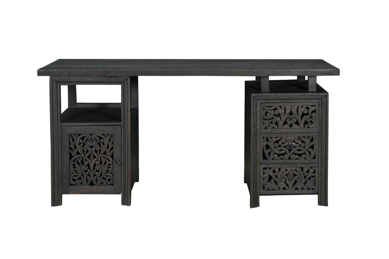 68" Black Solid Wood and Metal Carved Floral Desk With Three Drawers