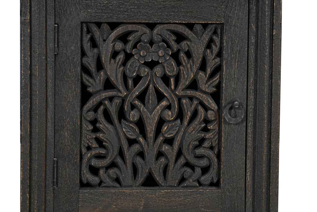 68" Black Solid Wood and Metal Carved Floral Desk With Three Drawers