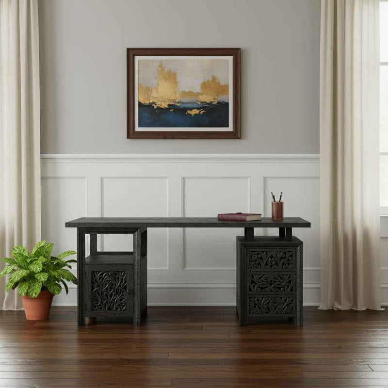 68" Black Solid Wood and Metal Carved Floral Desk With Three Drawers