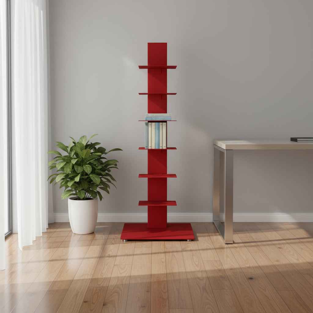38" Red Metal Six Shelf Modern Tower Bookcase