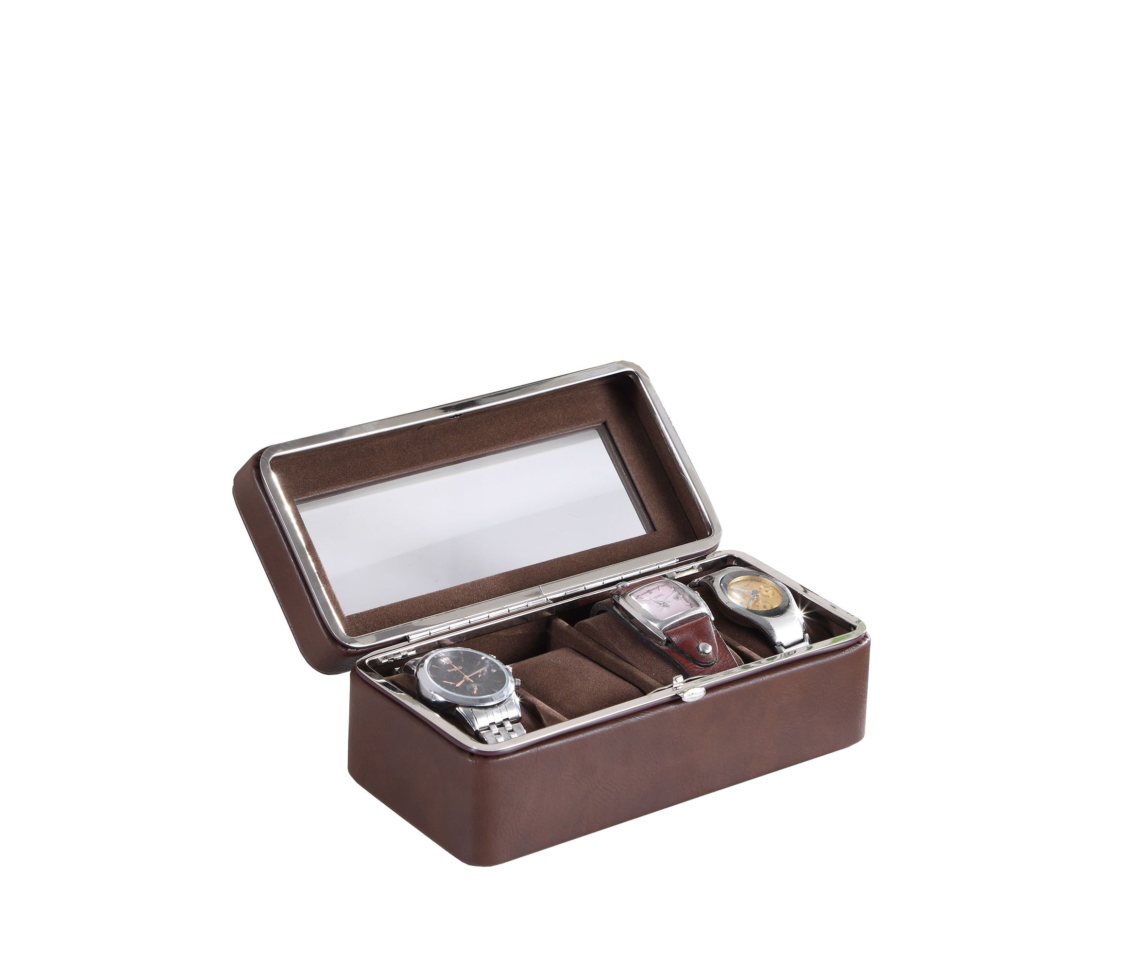 8" Brown Clear And Silver Faux Leather And Glass Six Section Watch Box With Metal Accents - Office Supplies