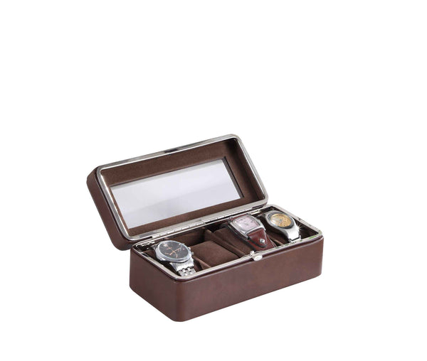 8" Brown Clear And Silver Faux Leather And Glass Six Section Watch Box With Metal Accents - Office Supplies