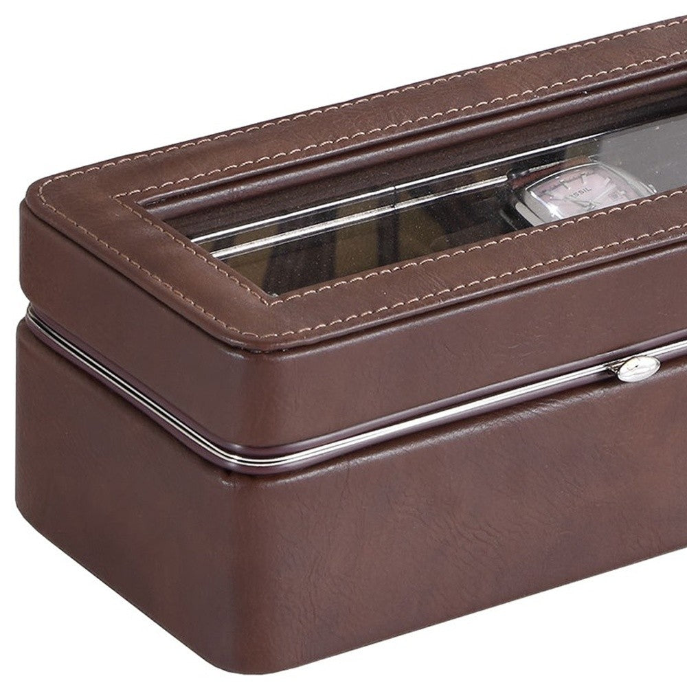 8" Brown Clear And Silver Faux Leather And Glass Six Section Watch Box With Metal Accents - Office Supplies