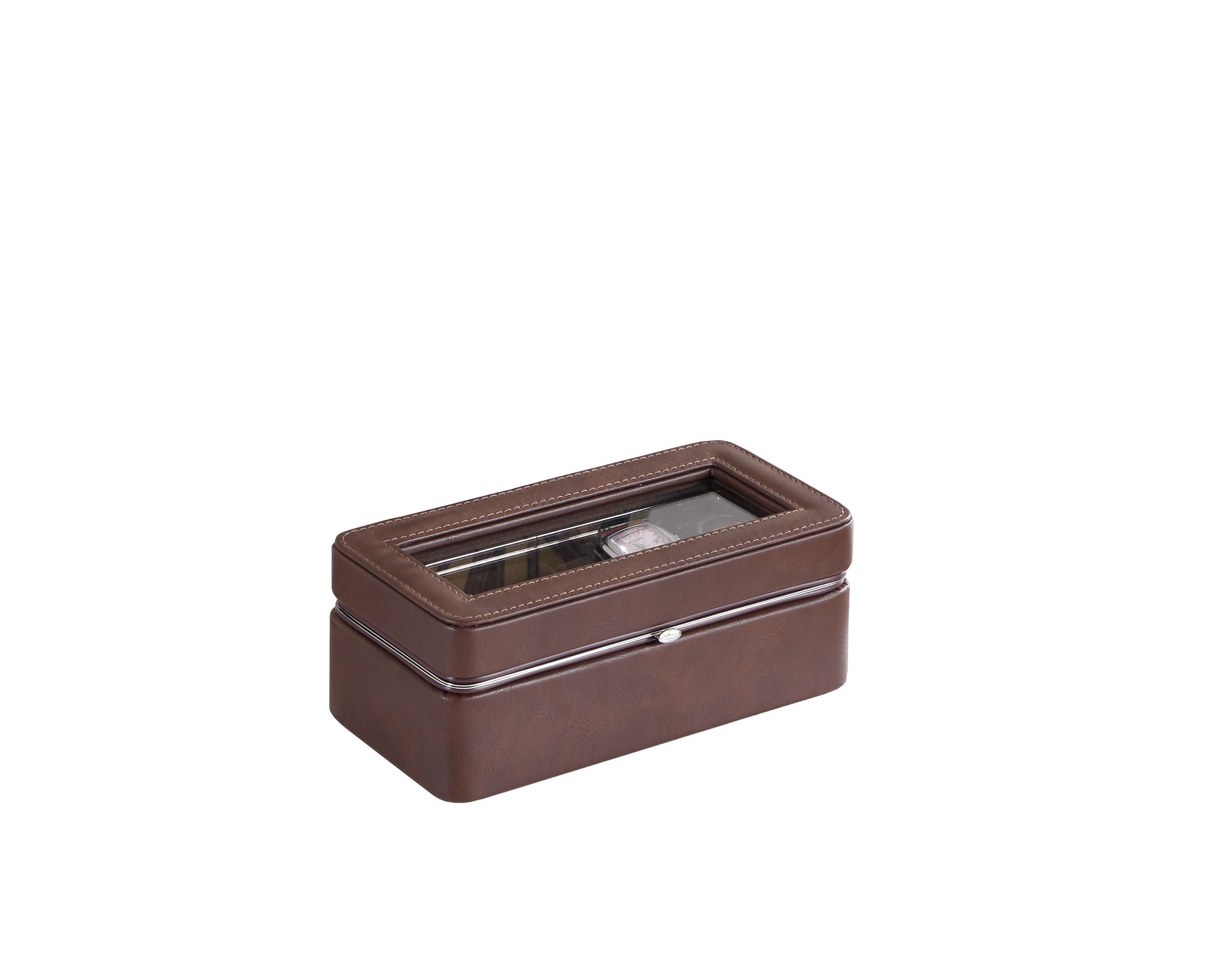 8" Brown Clear And Silver Faux Leather And Glass Six Section Watch Box With Metal Accents - Office Supplies