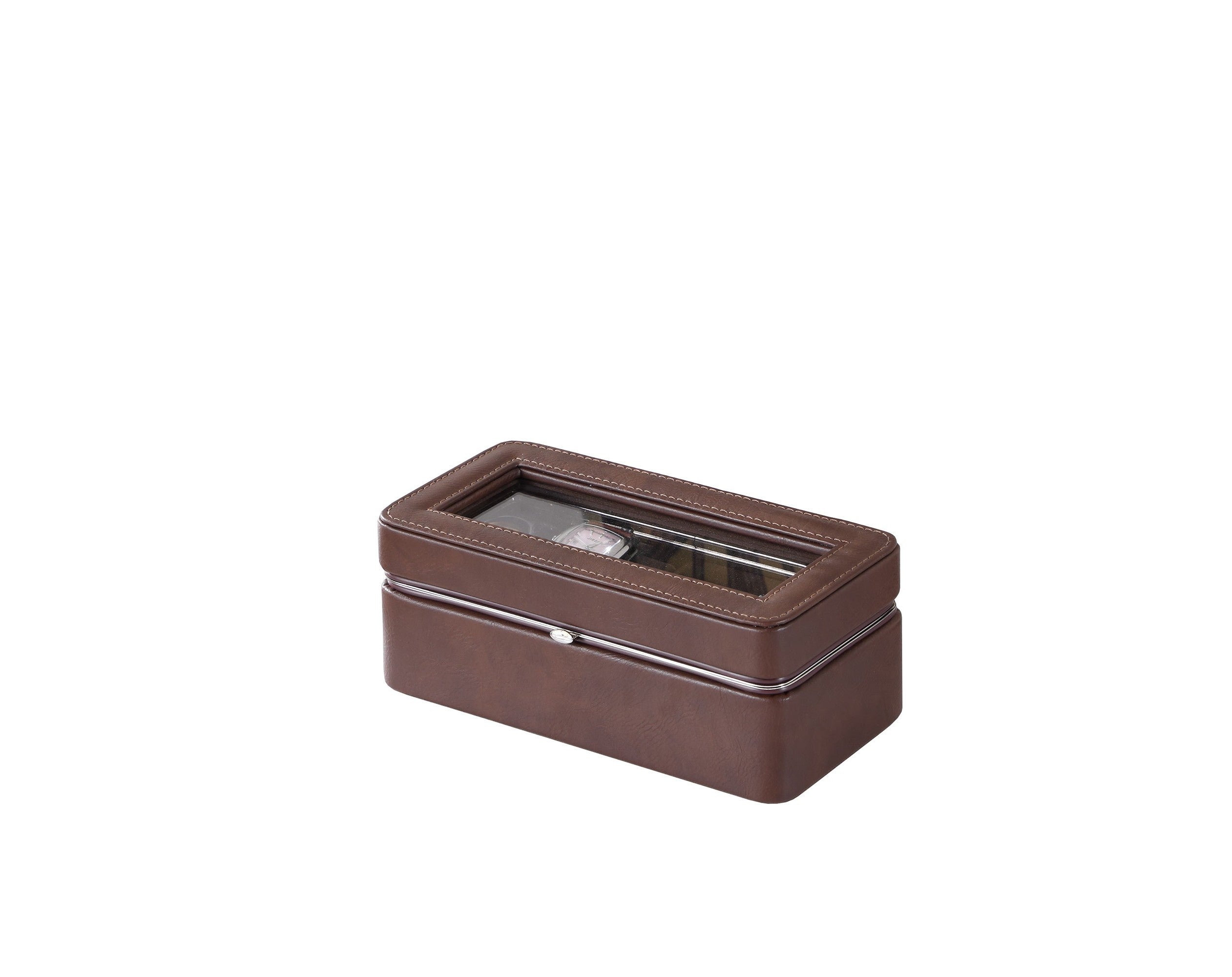 8" Brown Clear And Silver Faux Leather And Glass Six Section Watch Box With Metal Accents - Office Supplies