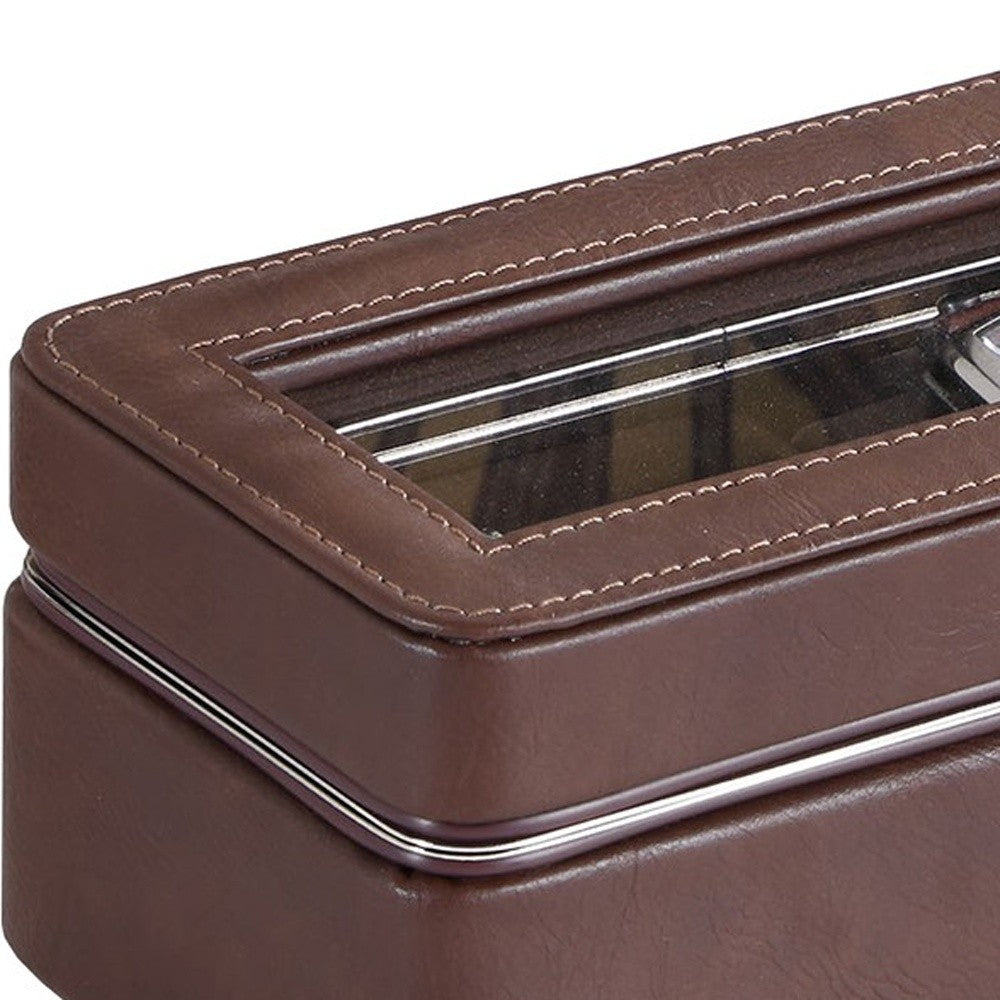 8" Brown Clear And Silver Faux Leather And Glass Six Section Watch Box With Metal Accents - Office Supplies