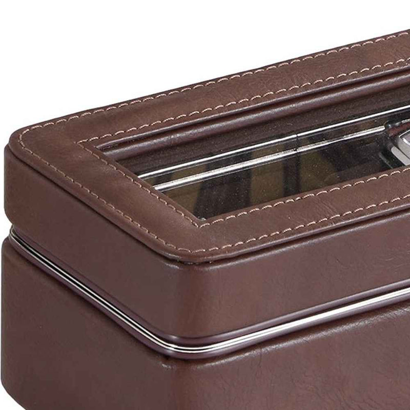 8" Brown Clear And Silver Faux Leather And Glass Six Section Watch Box With Metal Accents - Office Supplies