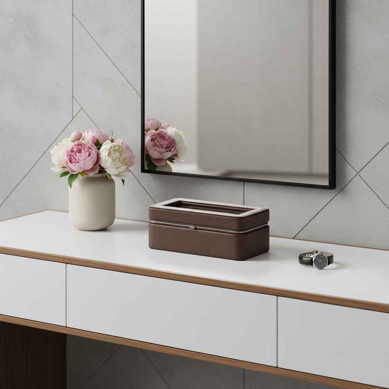 8" Brown Clear And Silver Faux Leather And Glass Six Section Watch Box With Metal Accents - Office Supplies