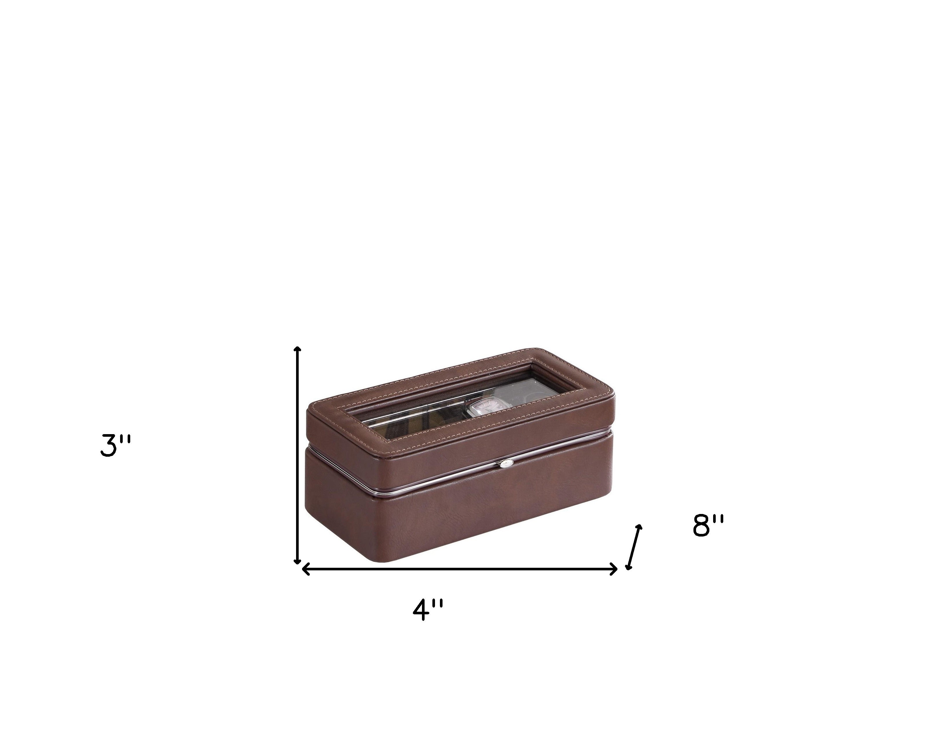 8" Brown Clear And Silver Faux Leather And Glass Six Section Watch Box With Metal Accents - Office Supplies