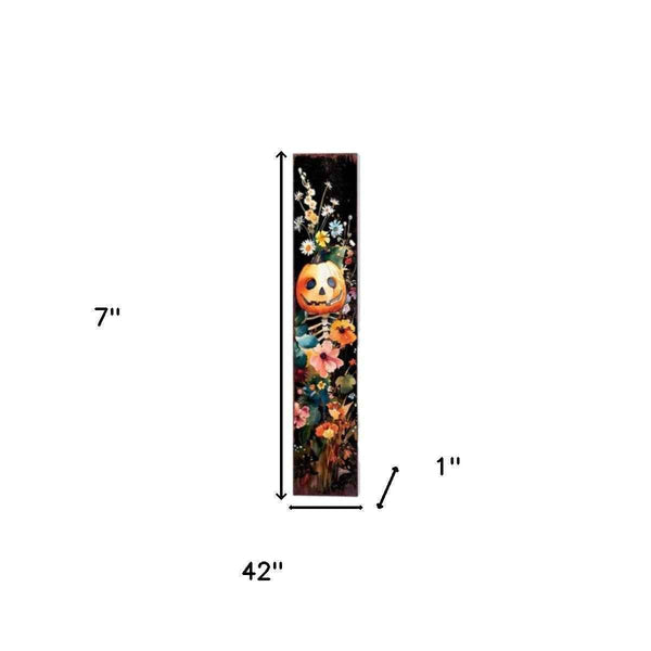 7" Black Orange Pink And White Solid Wood Watercolor Floral Halloween Jack-O-Lantern Garden Stake