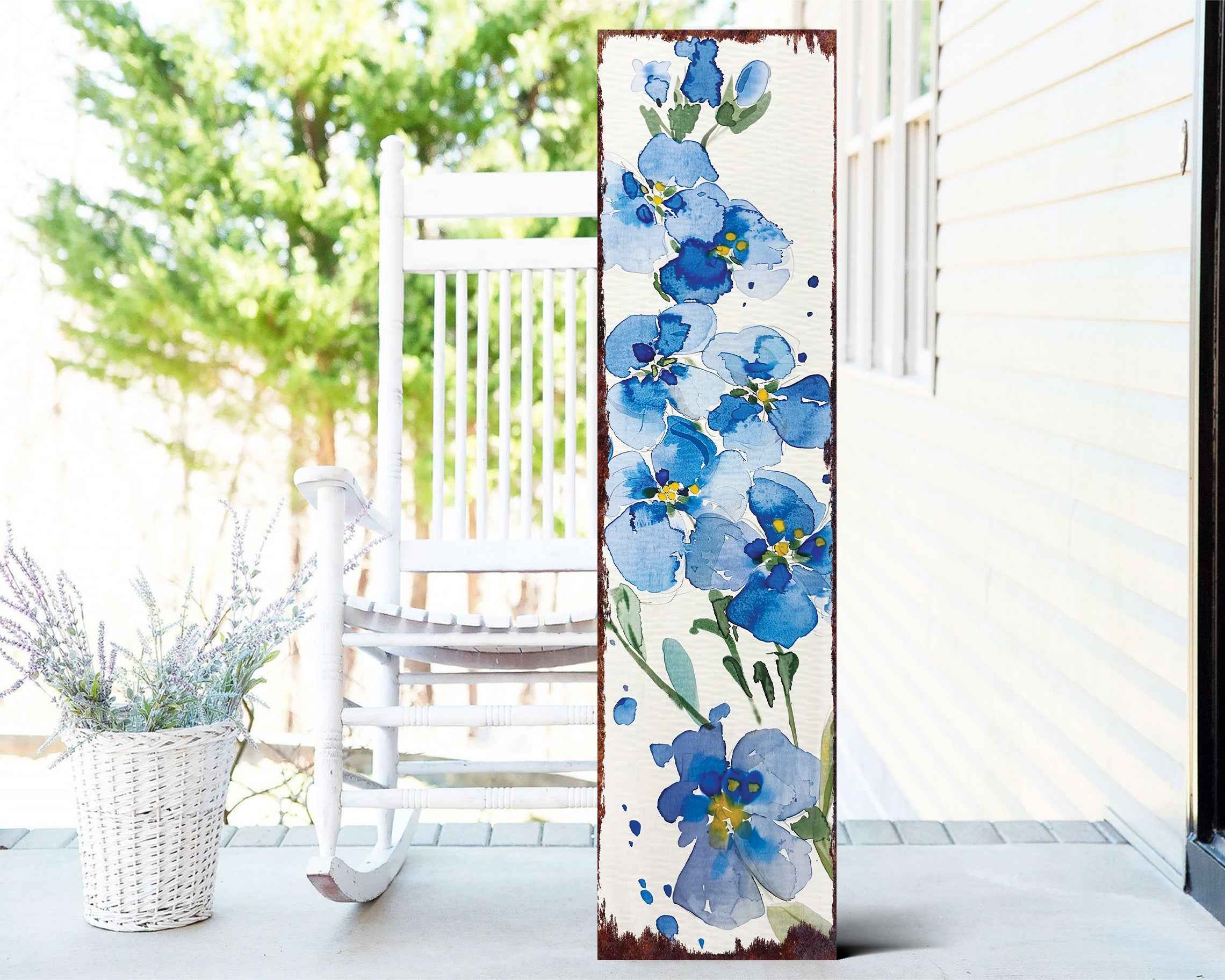 36" Blue White And Green Solid Wood Watercolor Floral Porch Sign