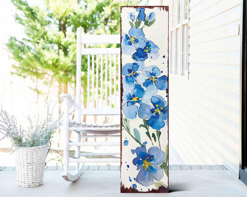 36" Blue White And Green Solid Wood Watercolor Floral Porch Sign