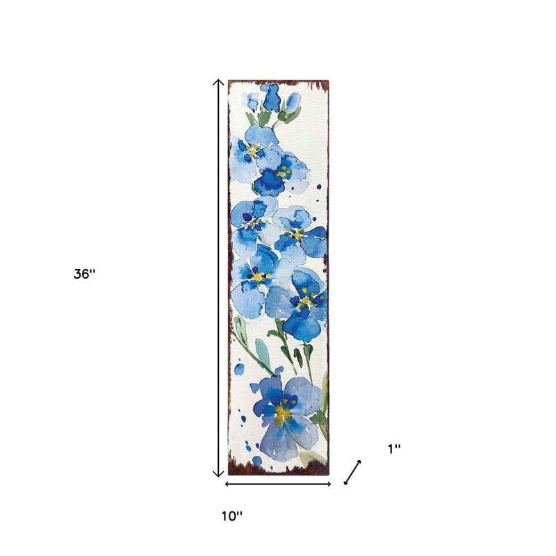 36" Blue White And Green Solid Wood Watercolor Floral Porch Sign