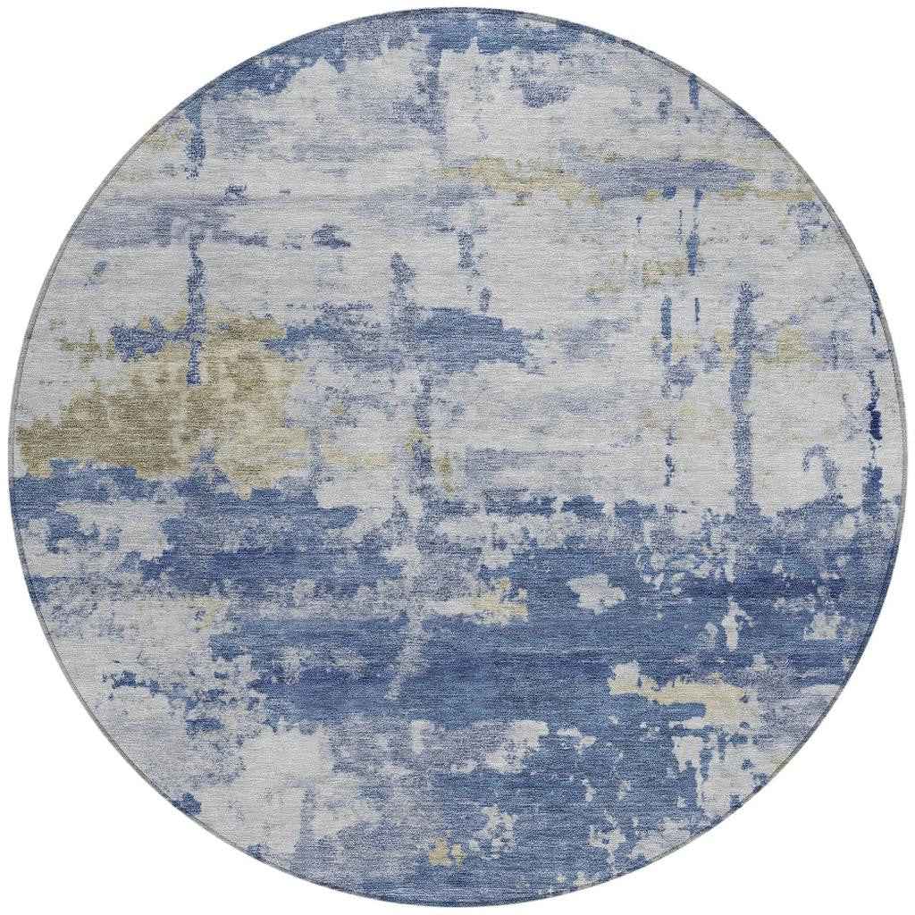 8' Navy Blue And Ivory Round Abstract Washable Indoor Outdoor Area Rug