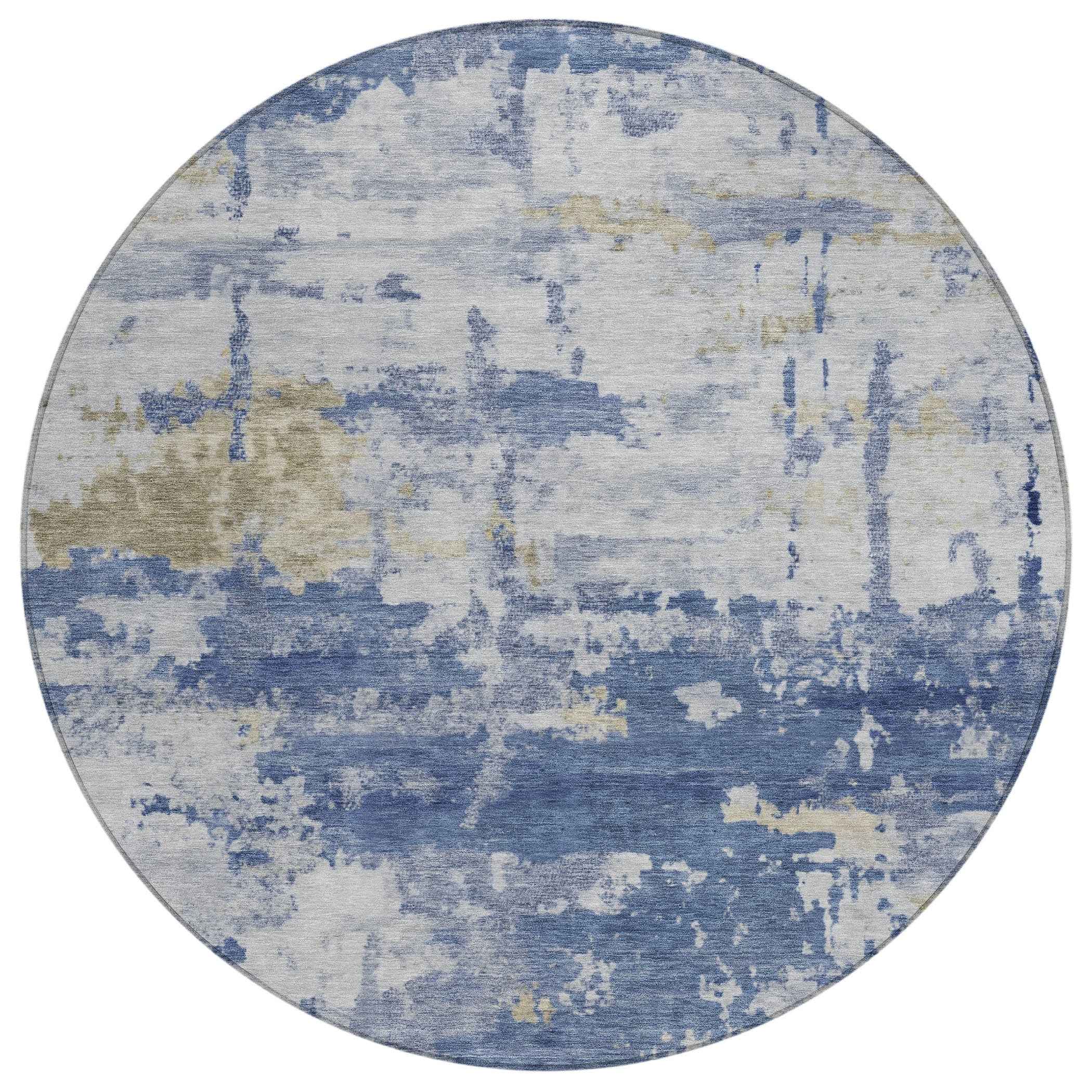 8' Navy Blue And Ivory Round Abstract Washable Indoor Outdoor Area Rug
