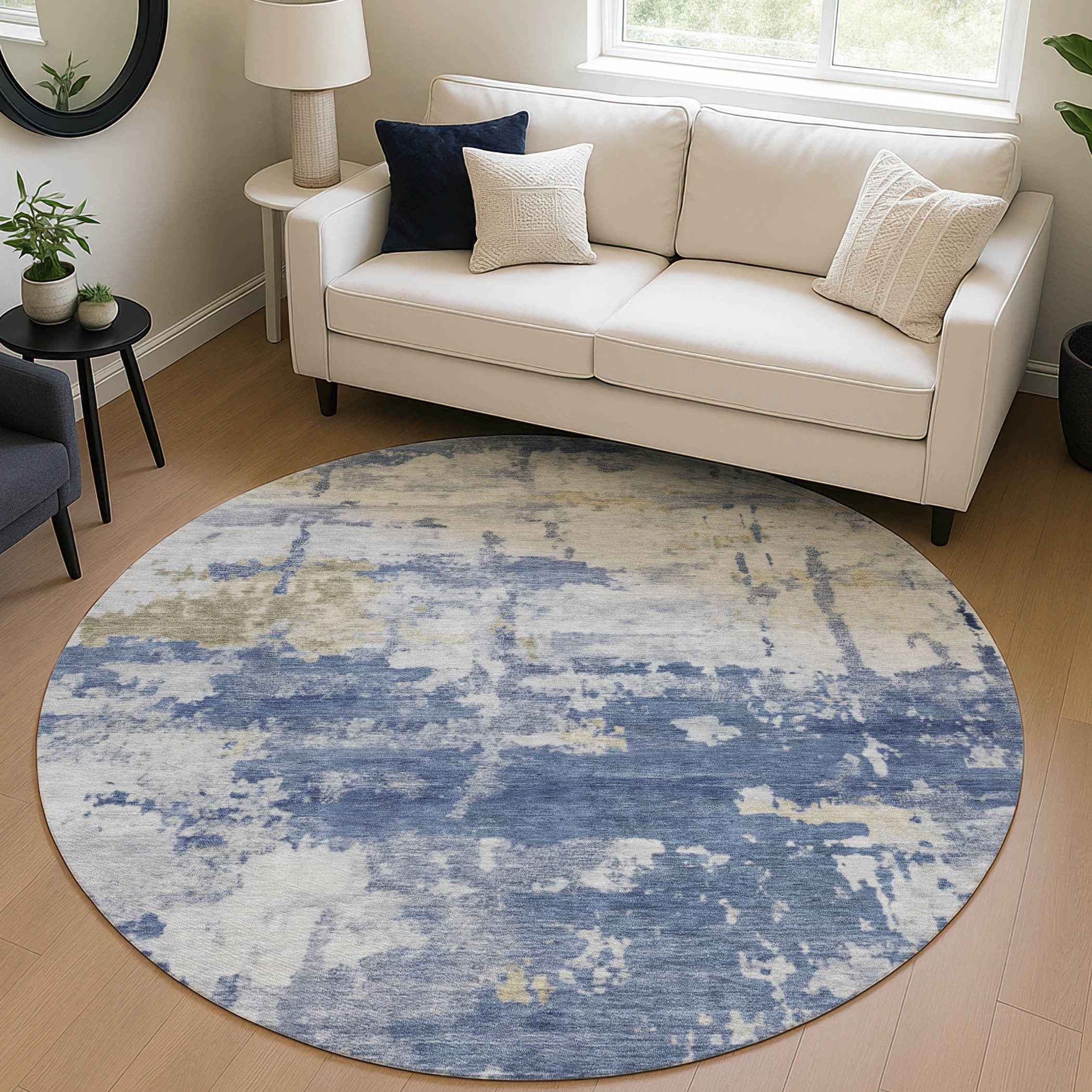 8' Navy Blue And Ivory Round Abstract Washable Indoor Outdoor Area Rug