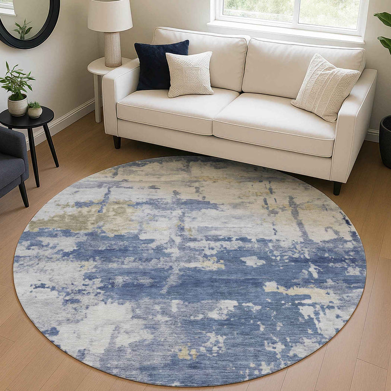 8' Navy Blue And Ivory Round Abstract Washable Indoor Outdoor Area Rug